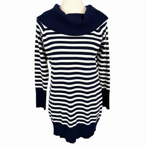 Cache Cowl Neck Sweater Navy Blue Metallic Gold Striped Pullover Women’s Large